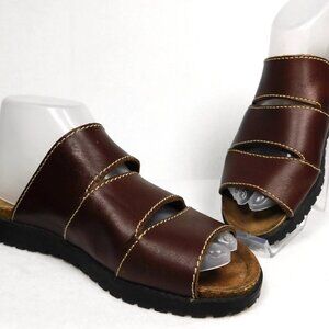VTG Eddie Bauer Women's Size 8 Brown Leather Slides/Sandals Straps with Cut Outs